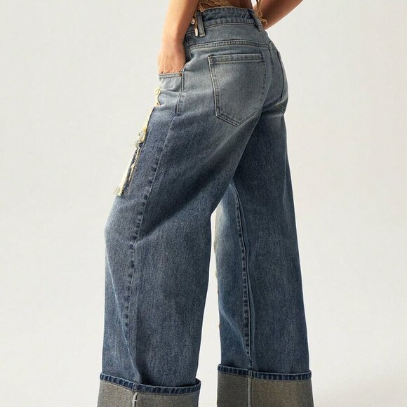 Medium Wash Casual Women's Distressed Letter Patch Loose Fit Denim Jeans - Picture 7 of 7